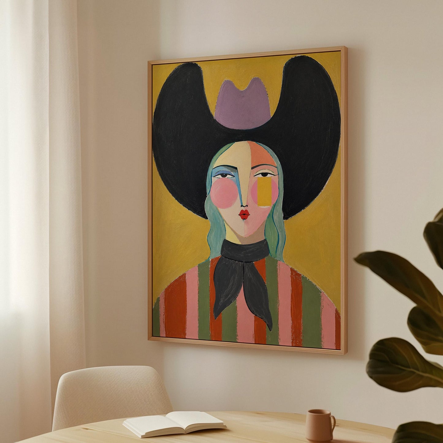 Folk cowgirl with teal hair, a big black hat and striped shirt on golden yellow, canvas print on a quiet wall in a considered interior