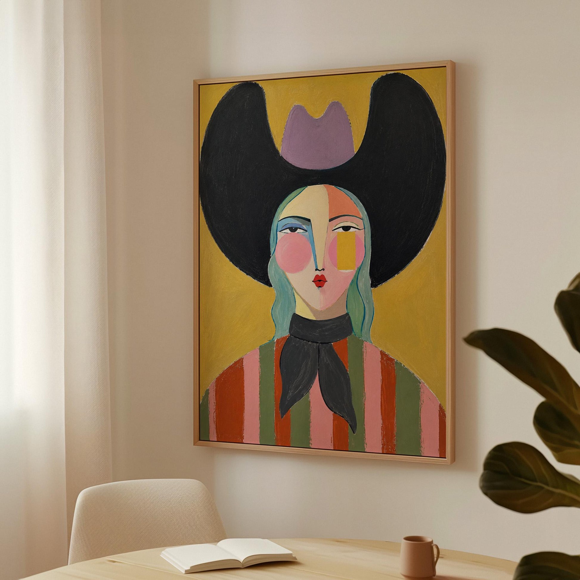 Folk cowgirl with teal hair, a big black hat and striped shirt on golden yellow, canvas print on a quiet wall in a considered interior