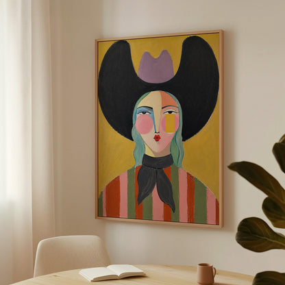 Folk cowgirl with teal hair, a big black hat and striped shirt on golden yellow, canvas print on a quiet wall in a considered interior