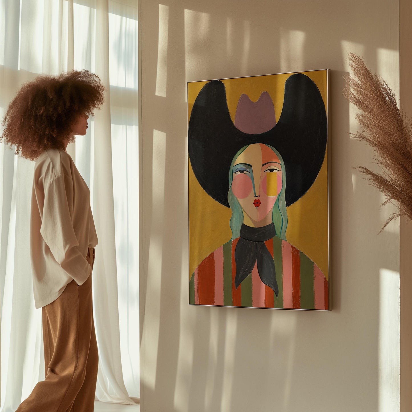 Folk cowgirl with teal hair, a big black hat and striped shirt on golden yellow, canvas print shown to scale in a furnished room