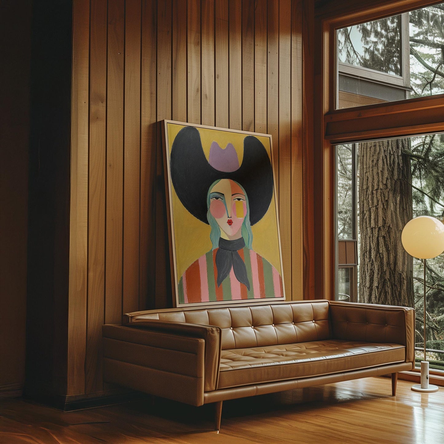 Folk cowgirl with teal hair, a big black hat and striped shirt on golden yellow, canvas print displayed on a neutral wall in a styled interior
