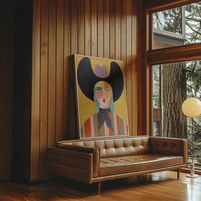 Folk cowgirl with teal hair, a big black hat and striped shirt on golden yellow, canvas print displayed on a neutral wall in a styled interior