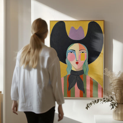 Folk cowgirl with teal hair, a big black hat and striped shirt on golden yellow, canvas print shown in a sunlit, contemporary room