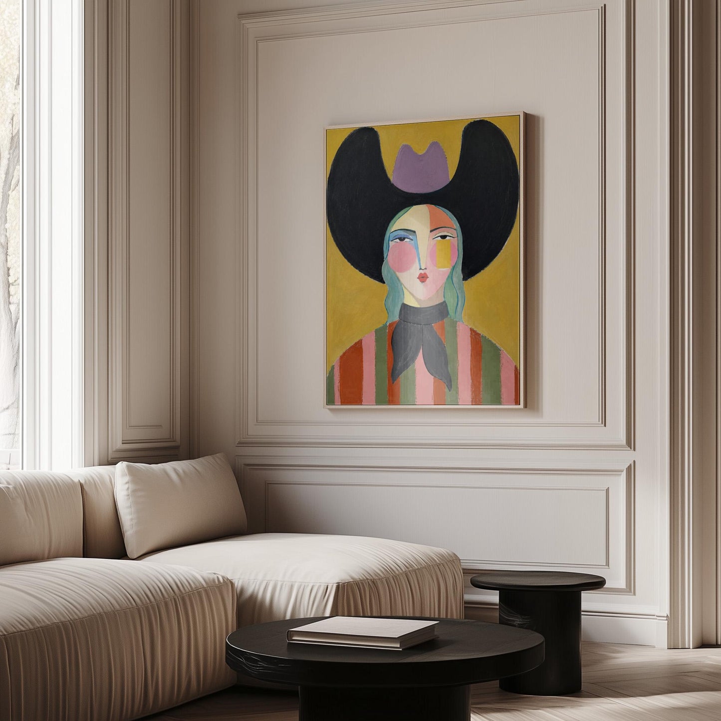 Folk cowgirl with teal hair, a big black hat and striped shirt on golden yellow, canvas wall art hanging in a calm, modern living space
