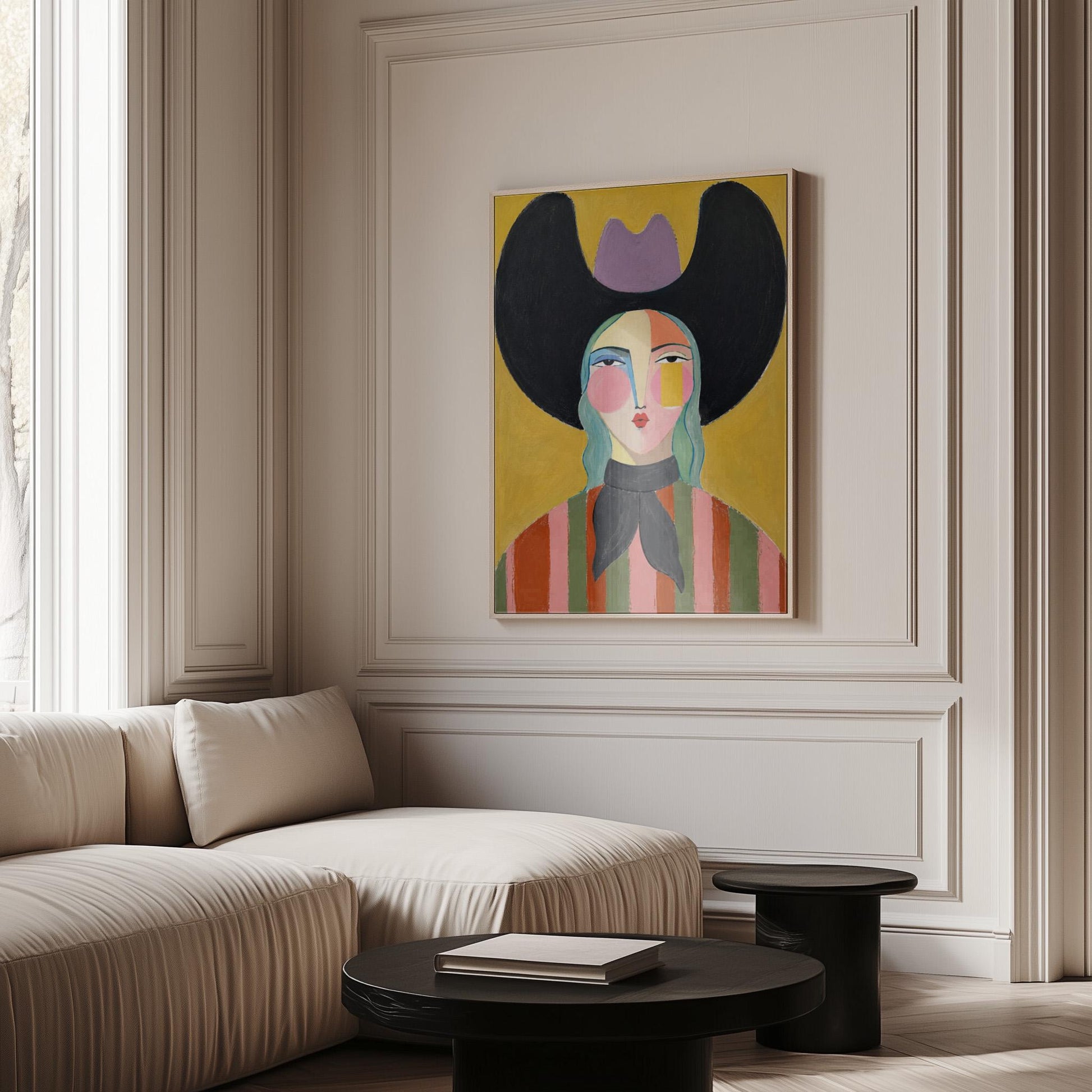 Folk cowgirl with teal hair, a big black hat and striped shirt on golden yellow, canvas wall art hanging in a calm, modern living space