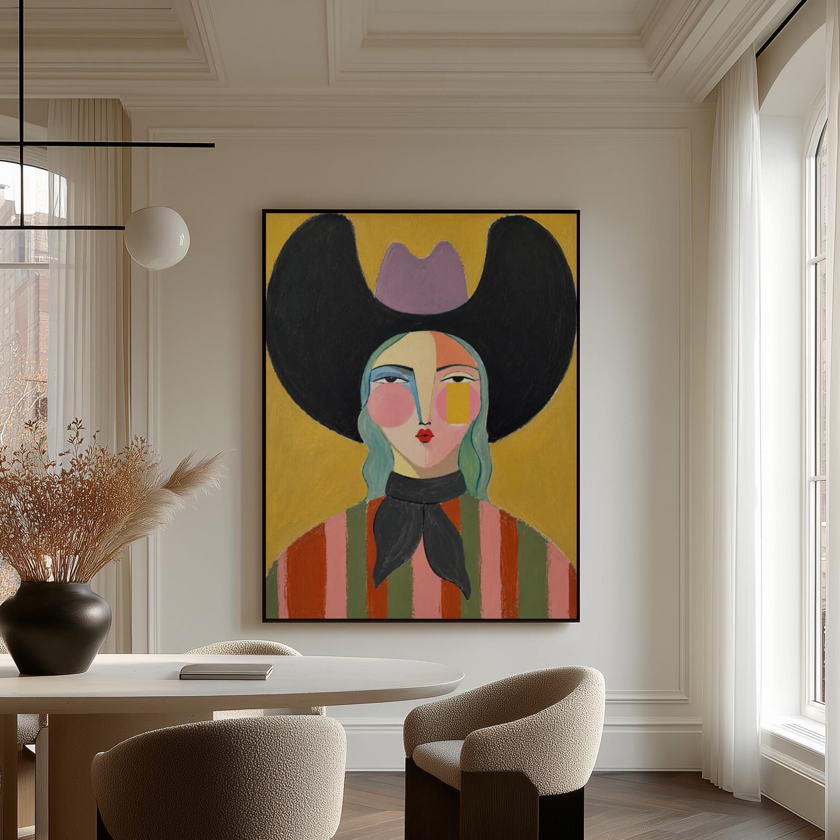 Folk cowgirl with teal hair, a big black hat and striped shirt on golden yellow, canvas wall art presented in a light, minimal room