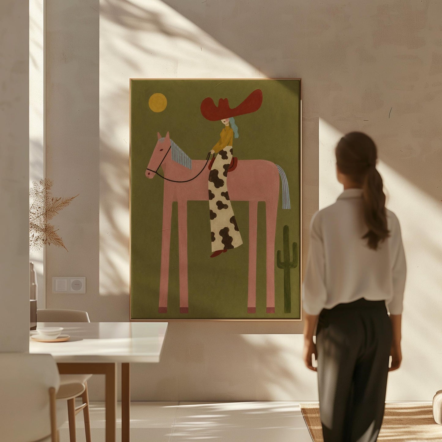 Cowgirl in a red hat riding a long-legged pink horse past a cactus at sunset, canvas print presented in a light, minimal room