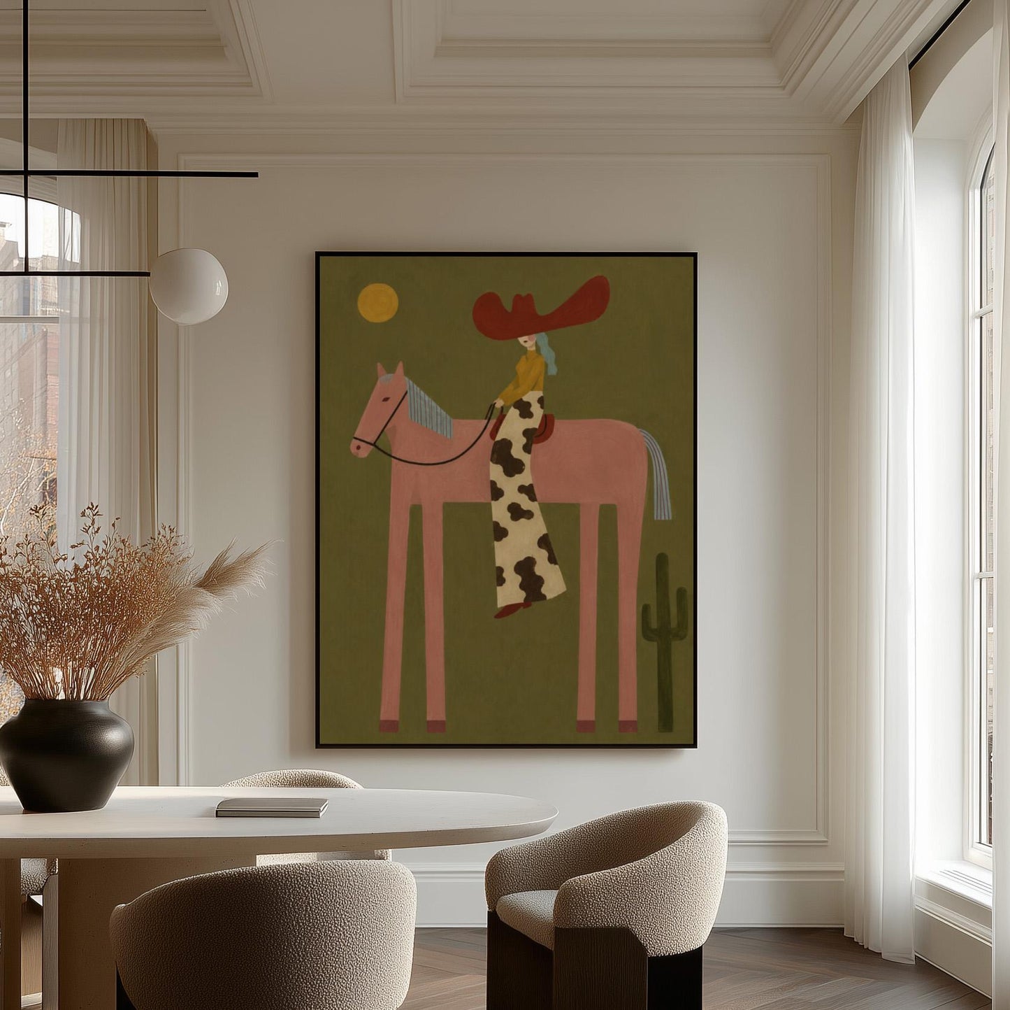 Cowgirl in a red hat riding a long-legged pink horse past a cactus at sunset, canvas wall art hanging in a calm, modern living space