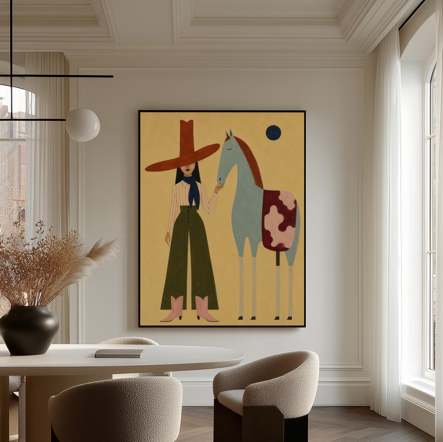 Cowgirl in a red hat standing beside a pale blue spotted horse on warm yellow, canvas print presented in a light, minimal room