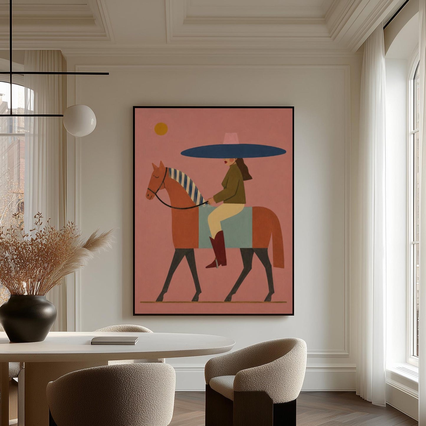 Woman in a wide navy hat riding a chestnut horse in profile on coral pink, canvas print seen in a warm interior with natural light