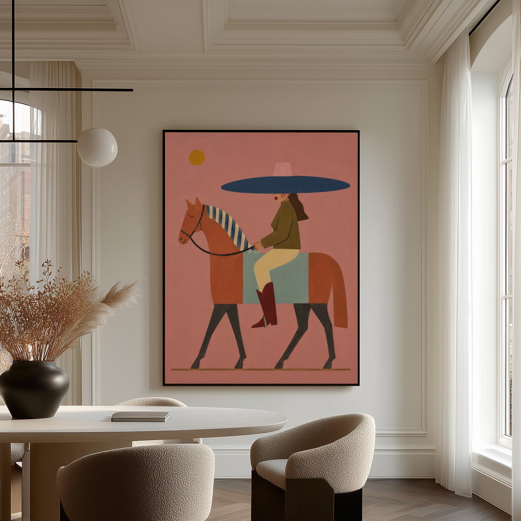 Woman in a wide navy hat riding a chestnut horse in profile on coral pink, canvas print seen in a warm interior with natural light