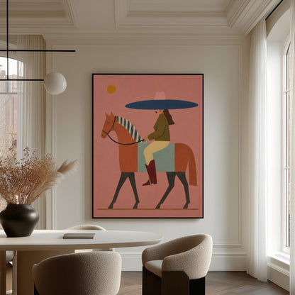 Woman in a wide navy hat riding a chestnut horse in profile on coral pink, canvas print seen in a warm interior with natural light