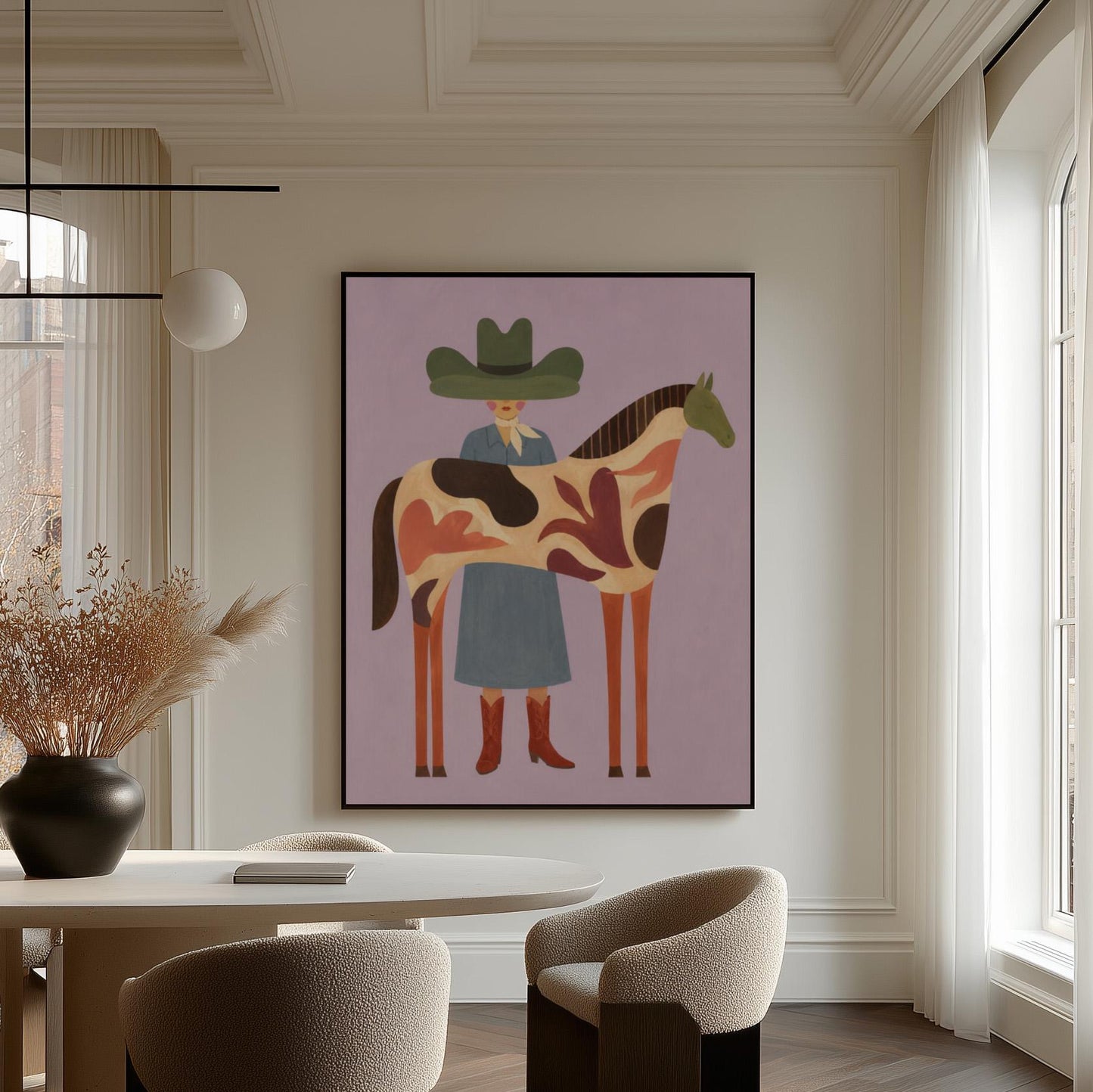 Cowgirl in a green hat beside a tall patterned horse on soft lilac, canvas wall art hanging in a calm, modern living space