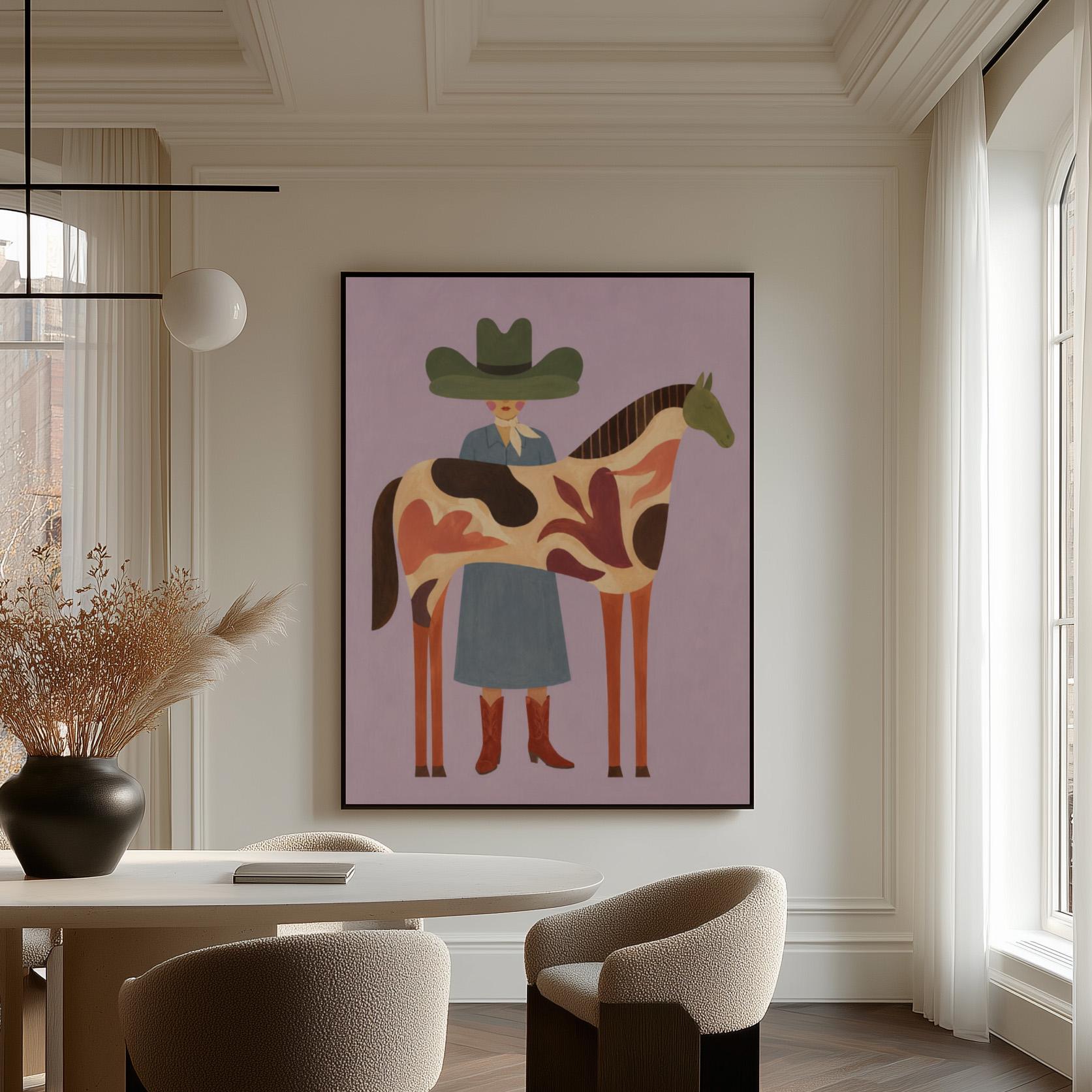 Cowgirl in a green hat beside a tall patterned horse on soft lilac, canvas wall art hanging in a calm, modern living space