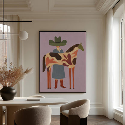 Cowgirl in a green hat beside a tall patterned horse on soft lilac, canvas wall art hanging in a calm, modern living space