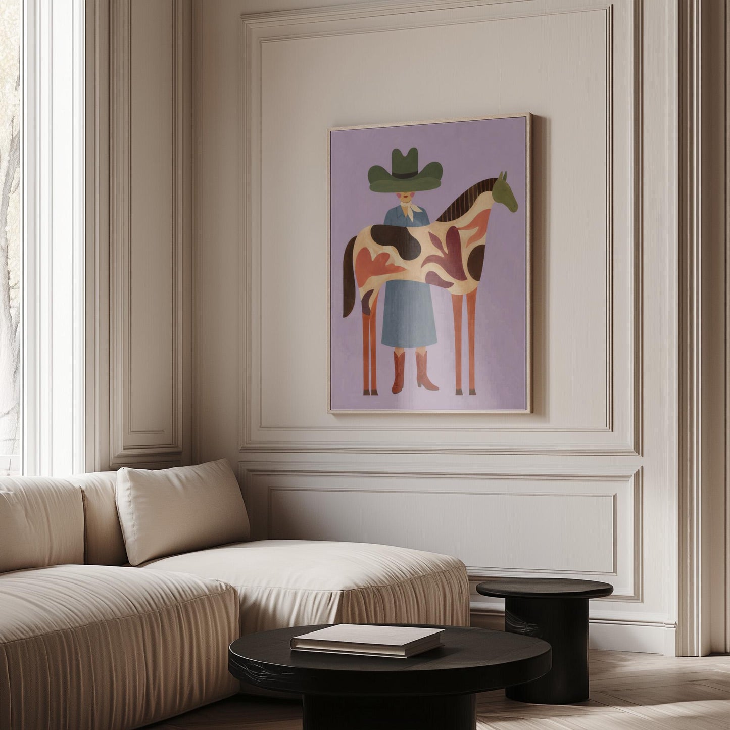 Cowgirl in a green hat beside a tall patterned horse on soft lilac, canvas wall art seen in a warm interior with natural light