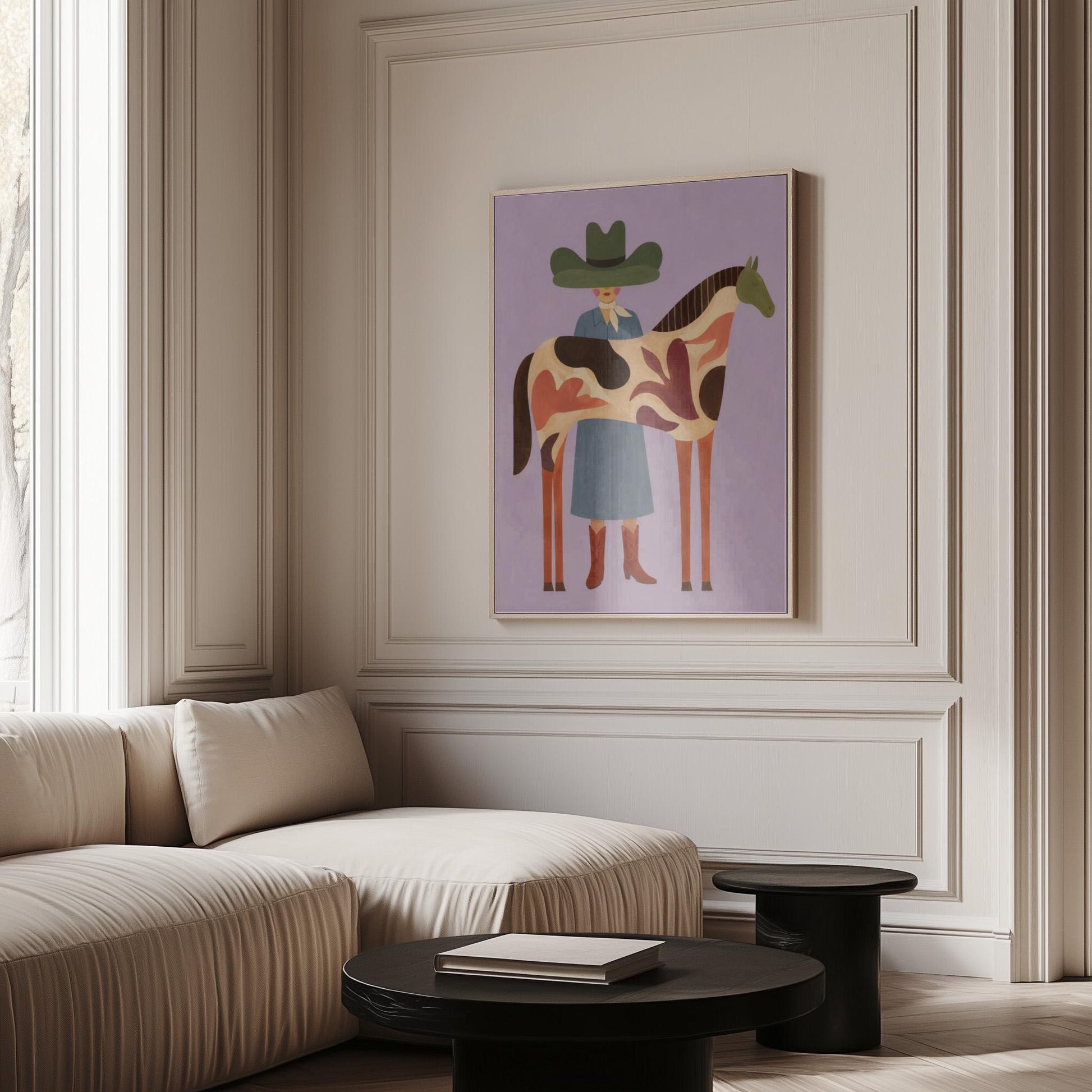Cowgirl in a green hat beside a tall patterned horse on soft lilac, canvas wall art seen in a warm interior with natural light