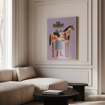 Cowgirl in a green hat beside a tall patterned horse on soft lilac, canvas wall art seen in a warm interior with natural light