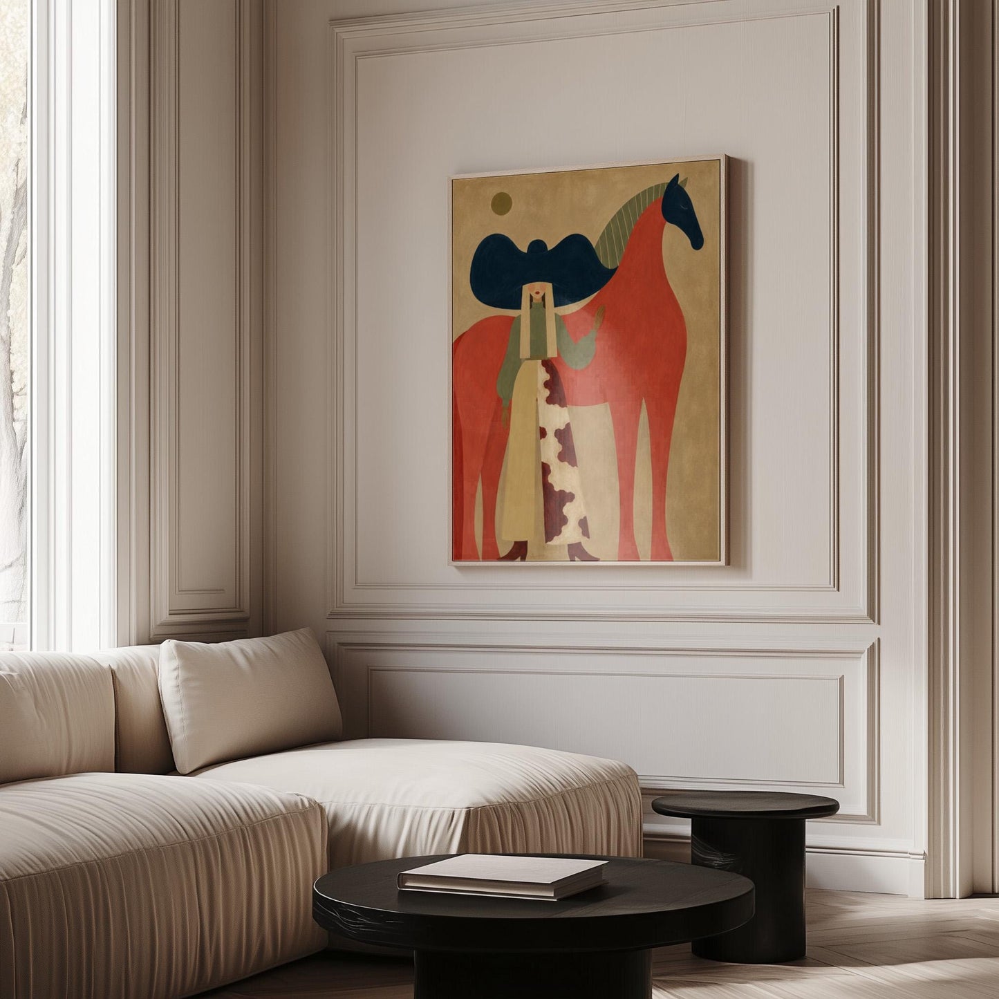 Woman in a big navy hat standing before a bright red horse on warm ochre, canvas print seen in a warm interior with natural light