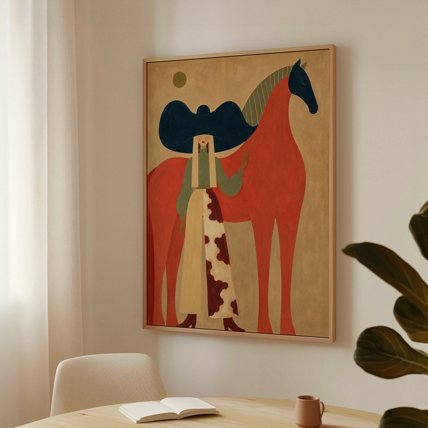 Woman in a big navy hat standing before a bright red horse on warm ochre, canvas print shown to scale in a furnished room