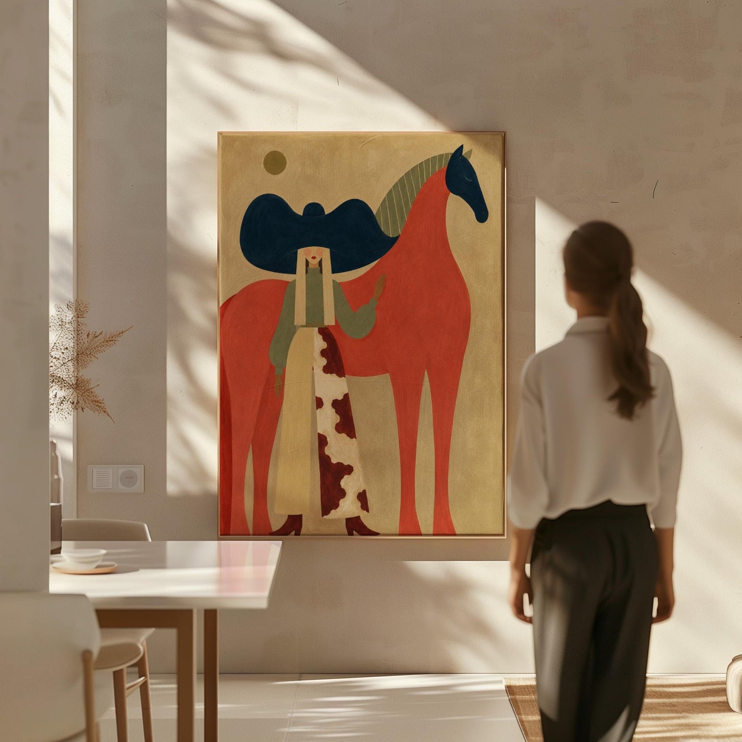 Woman in a big navy hat standing before a bright red horse on warm ochre, canvas print hanging in a calm, modern living space