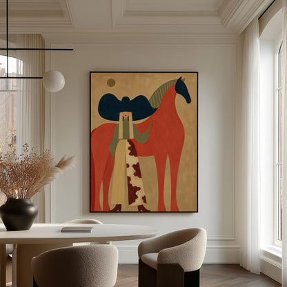 Woman in a big navy hat standing before a bright red horse on warm ochre, canvas wall art seen in a warm interior with natural light