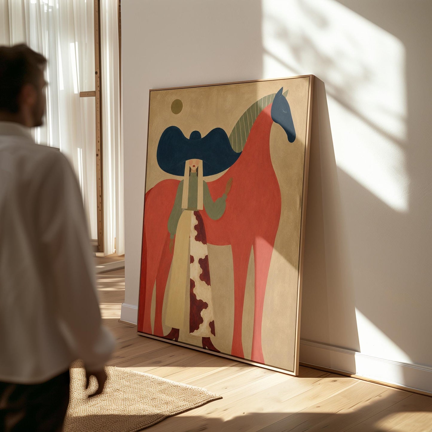 Woman in a big navy hat standing before a bright red horse on warm ochre, canvas wall art presented in a light, minimal room