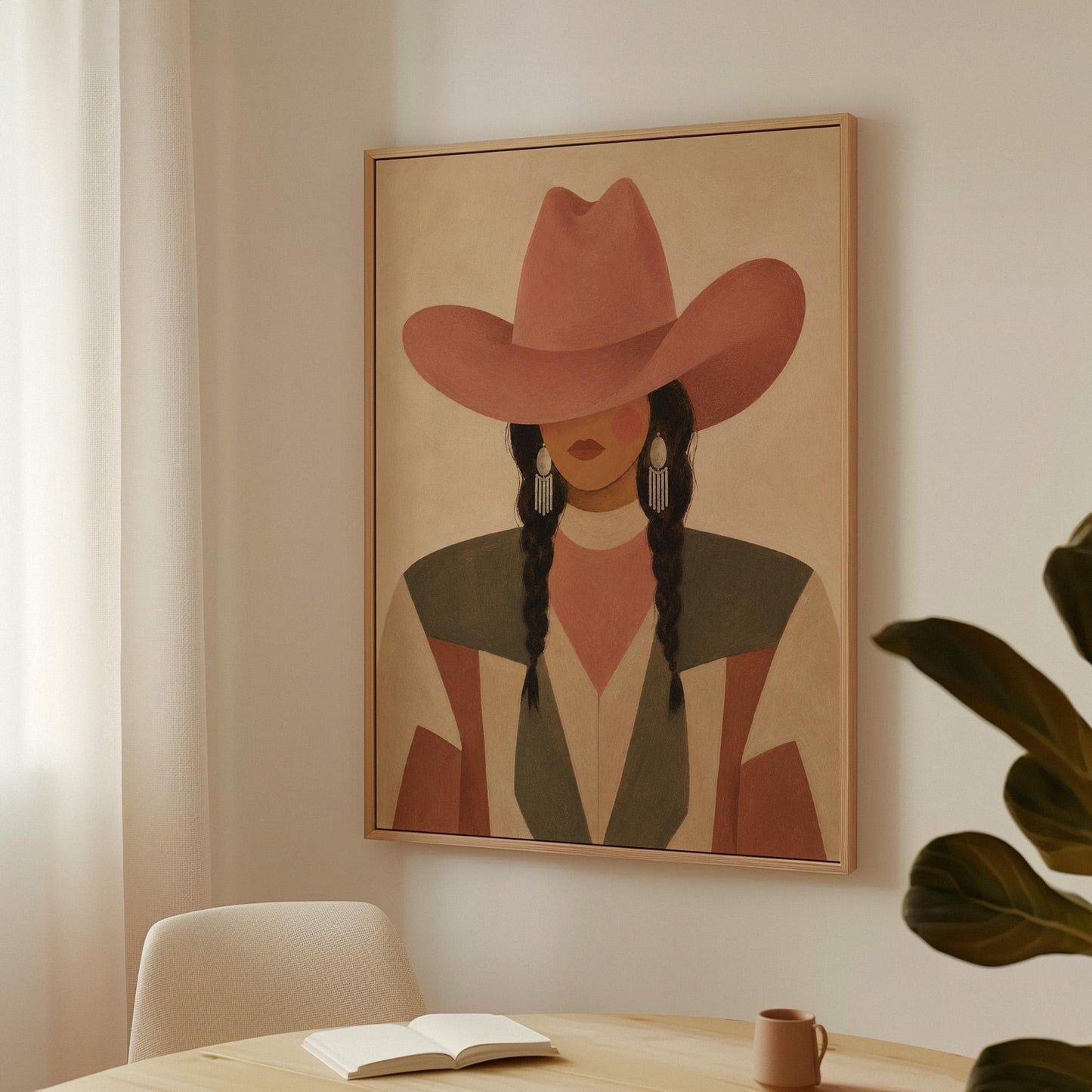 Cowgirl with dark braids under a wide terracotta hat and earthy western jacket, canvas print hanging in a calm, modern living space