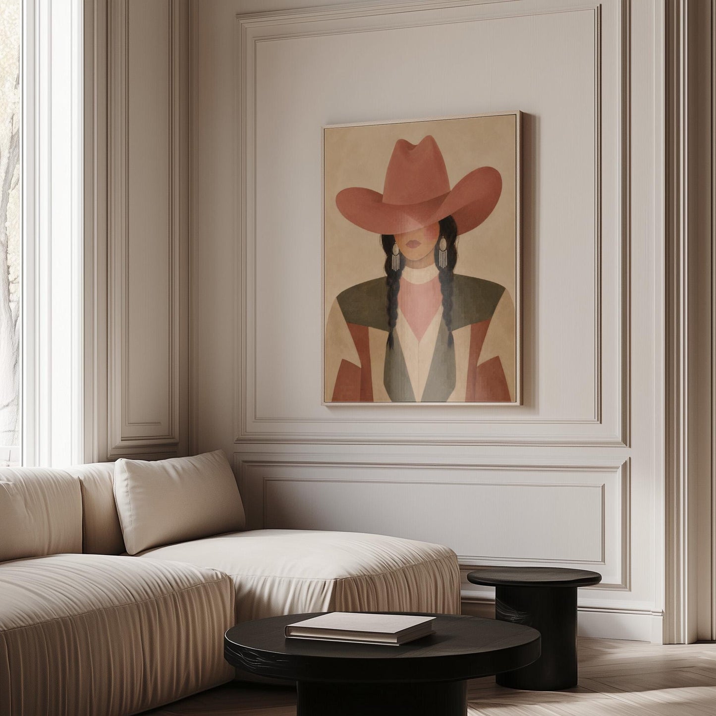 Cowgirl with dark braids under a wide terracotta hat and earthy western jacket, canvas print styled against a soft white wall