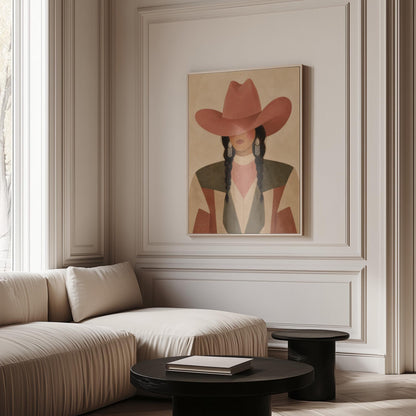 Cowgirl with dark braids under a wide terracotta hat and earthy western jacket, canvas print styled against a soft white wall