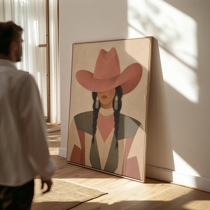 Cowgirl with dark braids under a wide terracotta hat and earthy western jacket, canvas print seen in a warm interior with natural light