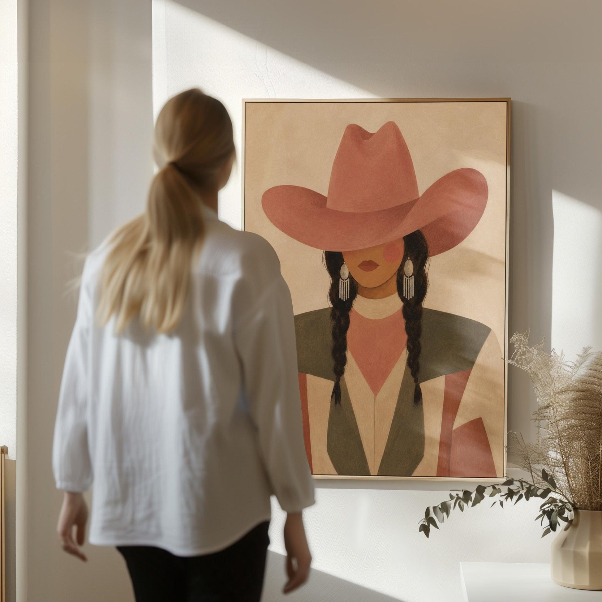 Cowgirl with dark braids under a wide terracotta hat and earthy western jacket, canvas print on a quiet wall in a considered interior