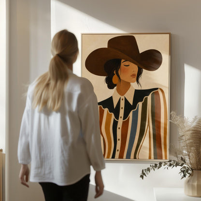 Cowgirl in a brown hat and rippling striped blouse with a black collar on cream, canvas wall art styled against a soft white wall