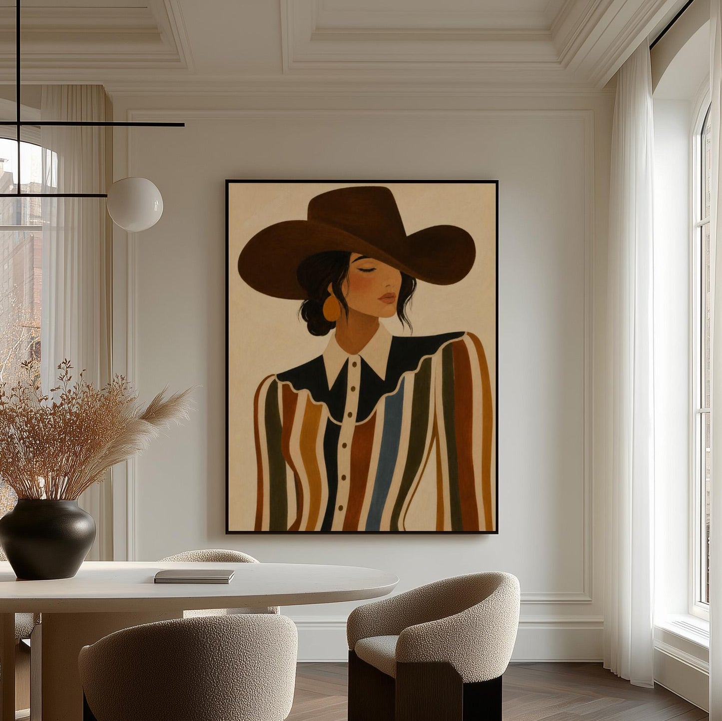 Cowgirl in a brown hat and rippling striped blouse with a black collar on cream, canvas print on a quiet wall in a considered interior