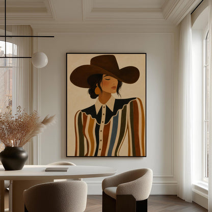 Cowgirl in a brown hat and rippling striped blouse with a black collar on cream, canvas print on a quiet wall in a considered interior