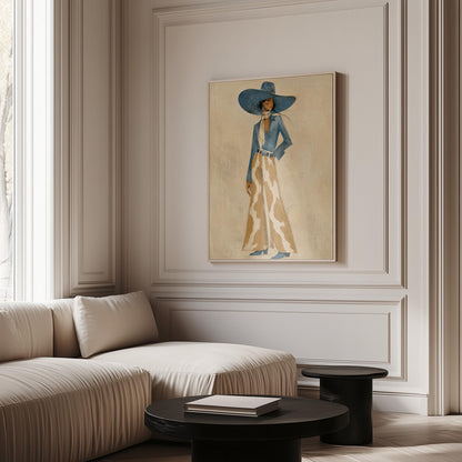 Full-figure cowgirl in a blue hat, denim shirt and cow-print flared pants on cream, canvas print presented in a light, minimal room