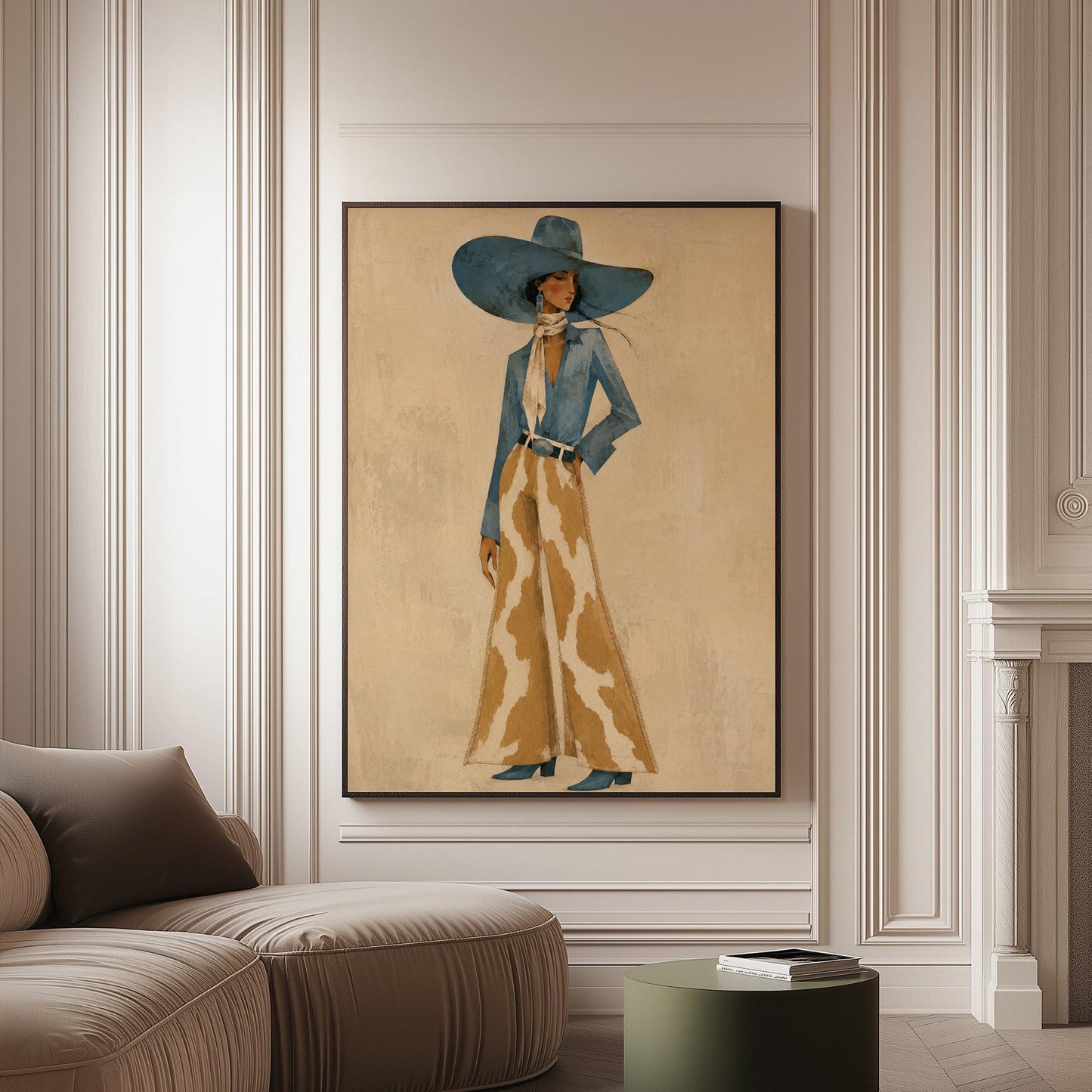Full-figure cowgirl in a blue hat, denim shirt and cow-print flared pants on cream, canvas print on a softly lit wall in a calm interior