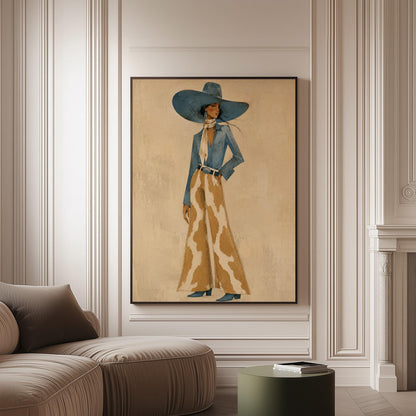 Full-figure cowgirl in a blue hat, denim shirt and cow-print flared pants on cream, canvas print on a softly lit wall in a calm interior