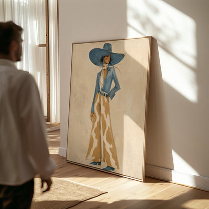 Full-figure cowgirl in a blue hat, denim shirt and cow-print flared pants on cream, canvas wall art seen in a warm interior with natural light