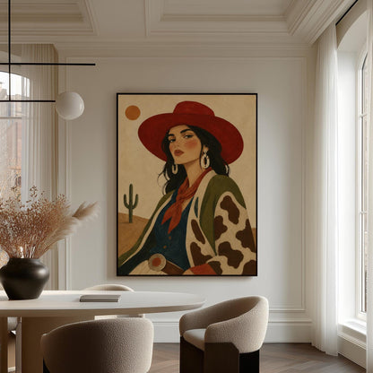 Dark-haired cowgirl in a red hat and cow-print jacket before a desert cactus, canvas print styled against a soft white wall