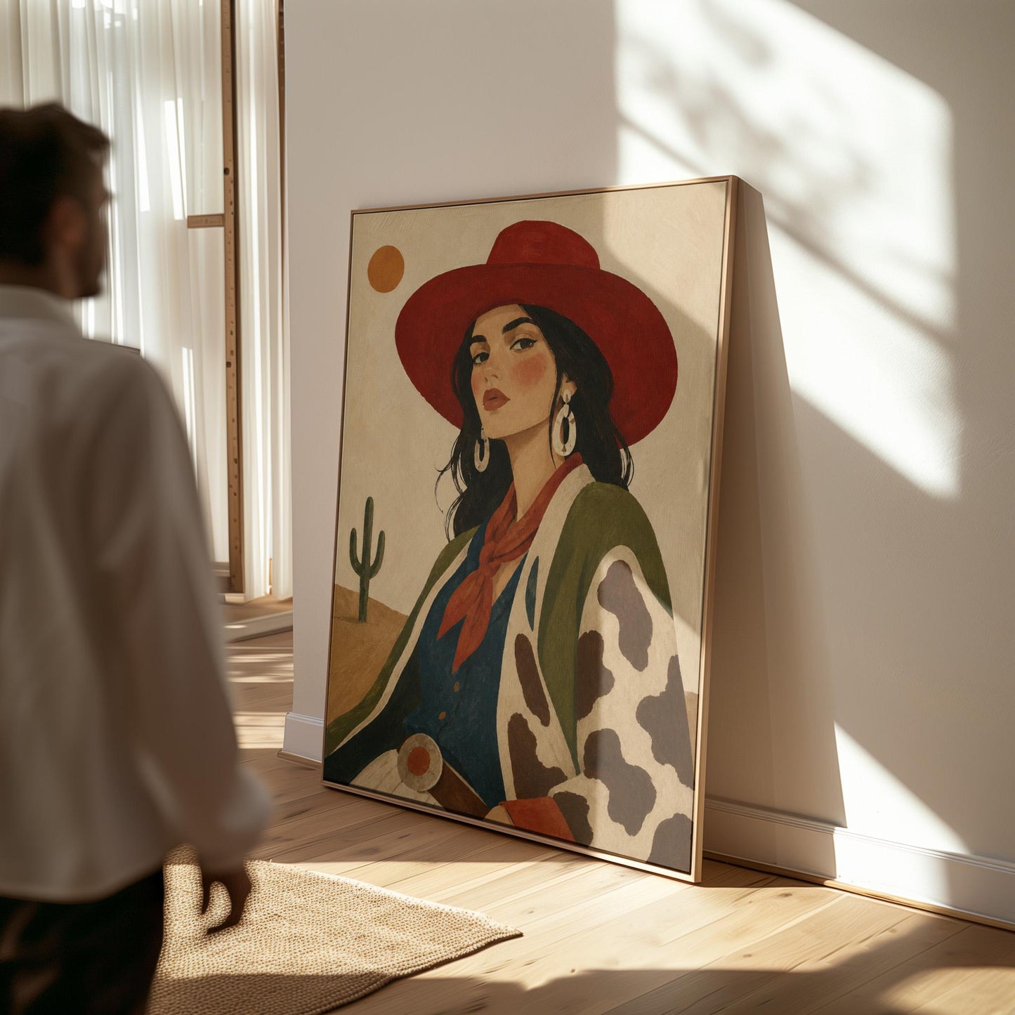 Dark-haired cowgirl in a red hat and cow-print jacket before a desert cactus, canvas print seen in a warm interior with natural light