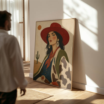 Dark-haired cowgirl in a red hat and cow-print jacket before a desert cactus, canvas print seen in a warm interior with natural light