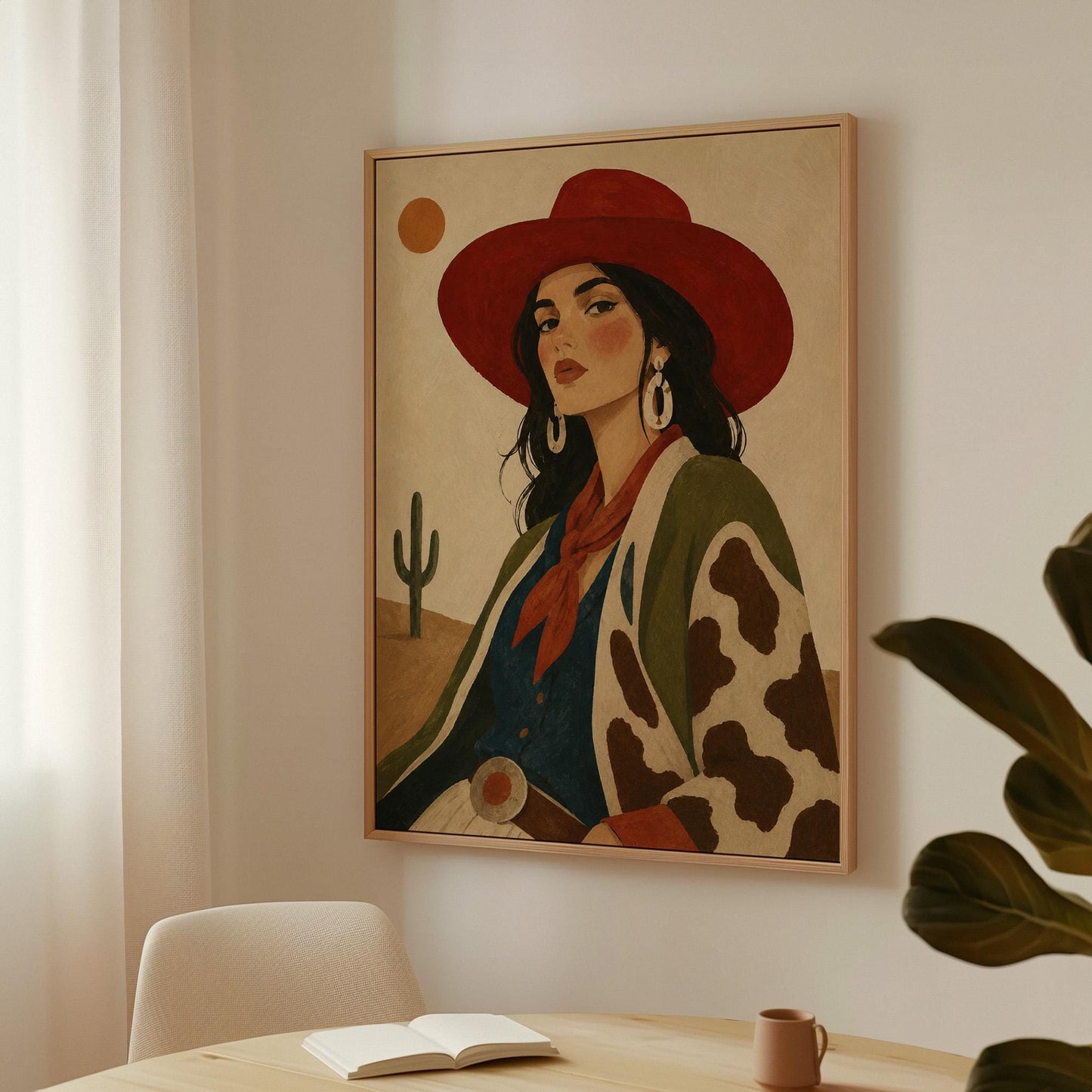 Dark-haired cowgirl in a red hat and cow-print jacket before a desert cactus, canvas print shown to scale in a furnished room