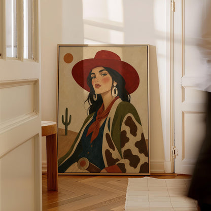 Dark-haired cowgirl in a red hat and cow-print jacket before a desert cactus, canvas print displayed on a neutral wall in a styled interior