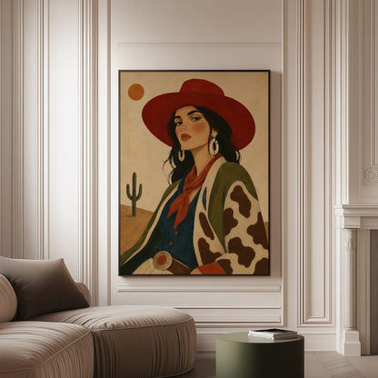 Dark-haired cowgirl in a red hat and cow-print jacket before a desert cactus, canvas print on a softly lit wall in a calm interior