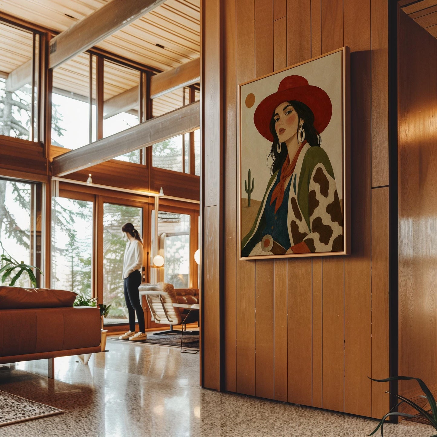 Dark-haired cowgirl in a red hat and cow-print jacket before a desert cactus, canvas wall art hanging in a calm, modern living space