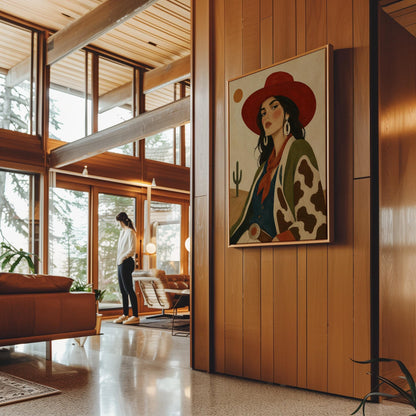 Dark-haired cowgirl in a red hat and cow-print jacket before a desert cactus, canvas wall art hanging in a calm, modern living space