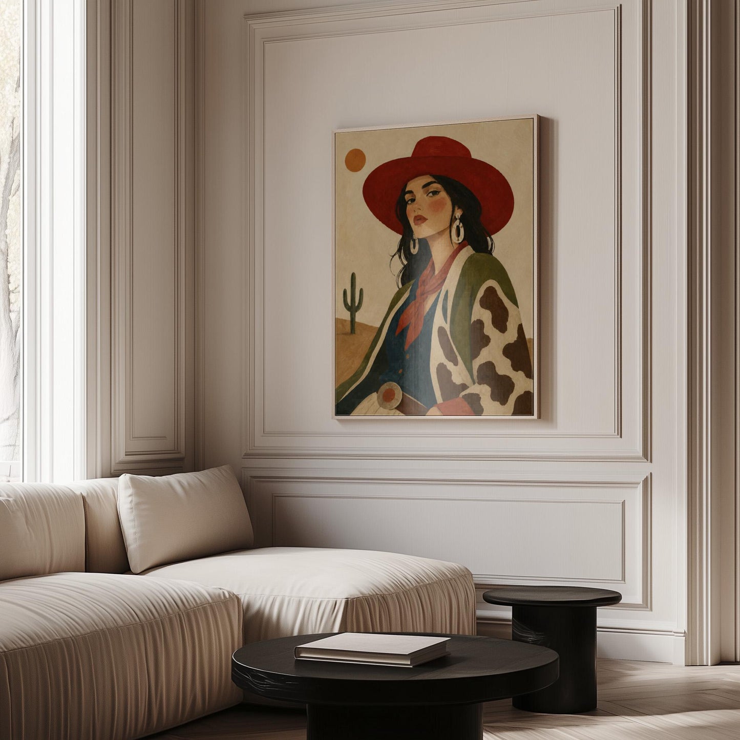 Dark-haired cowgirl in a red hat and cow-print jacket before a desert cactus, canvas wall art styled against a soft white wall
