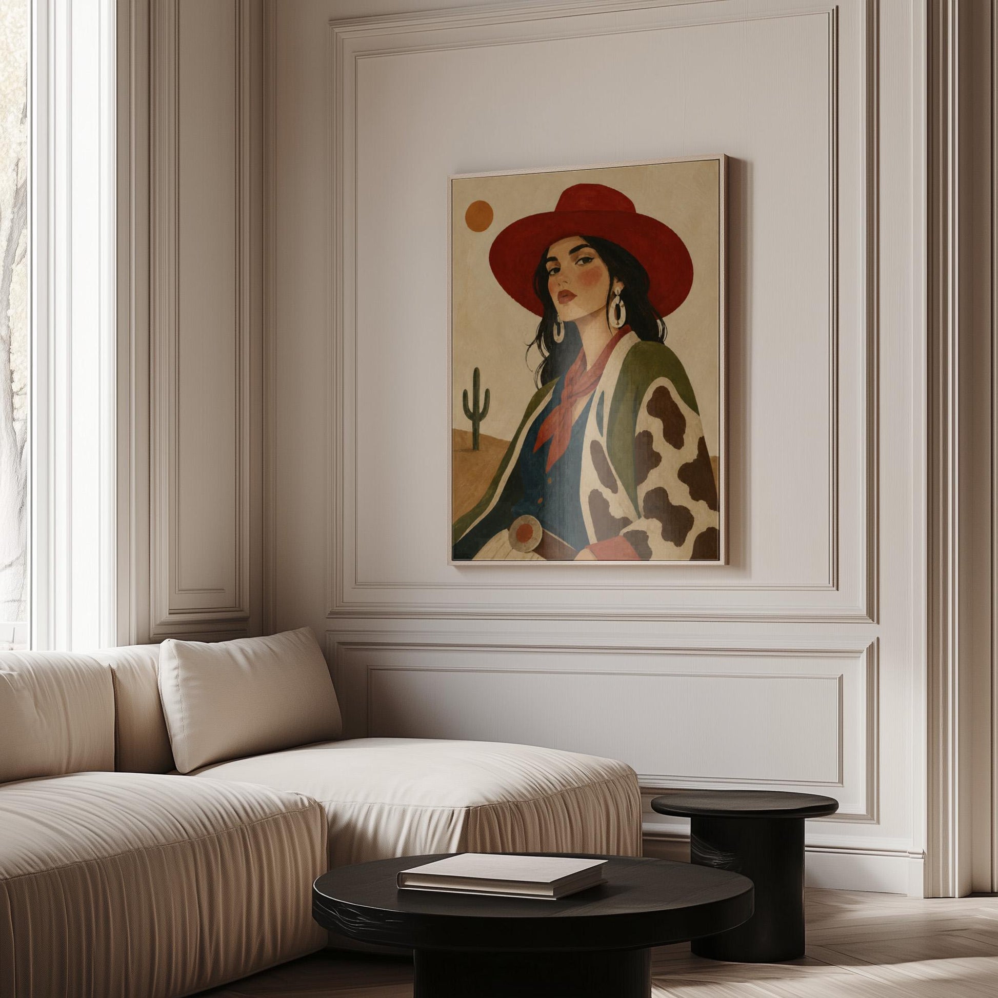 Dark-haired cowgirl in a red hat and cow-print jacket before a desert cactus, canvas wall art styled against a soft white wall