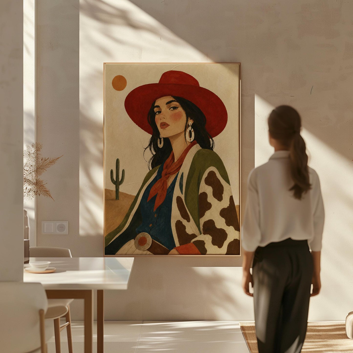 Dark-haired cowgirl in a red hat and cow-print jacket before a desert cactus, canvas wall art presented in a light, minimal room